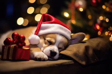 Cute corgi puppy dog wearing santa hat sleeping under the christmas tree. bokeh background - obrazy, fototapety, plakaty
