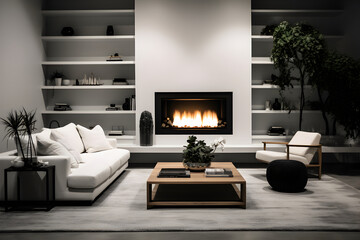  A minimalist basement with a cozy seating area, a fireplace, and built-in shelves. The black and white palette adds a sense of warmth and comfort to the space.