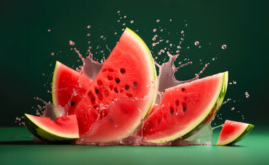 Watermelon slices splashed in water on green background