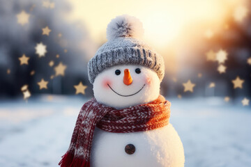 Adorable Snowman with Bokeh Lights in Snowy Landscape