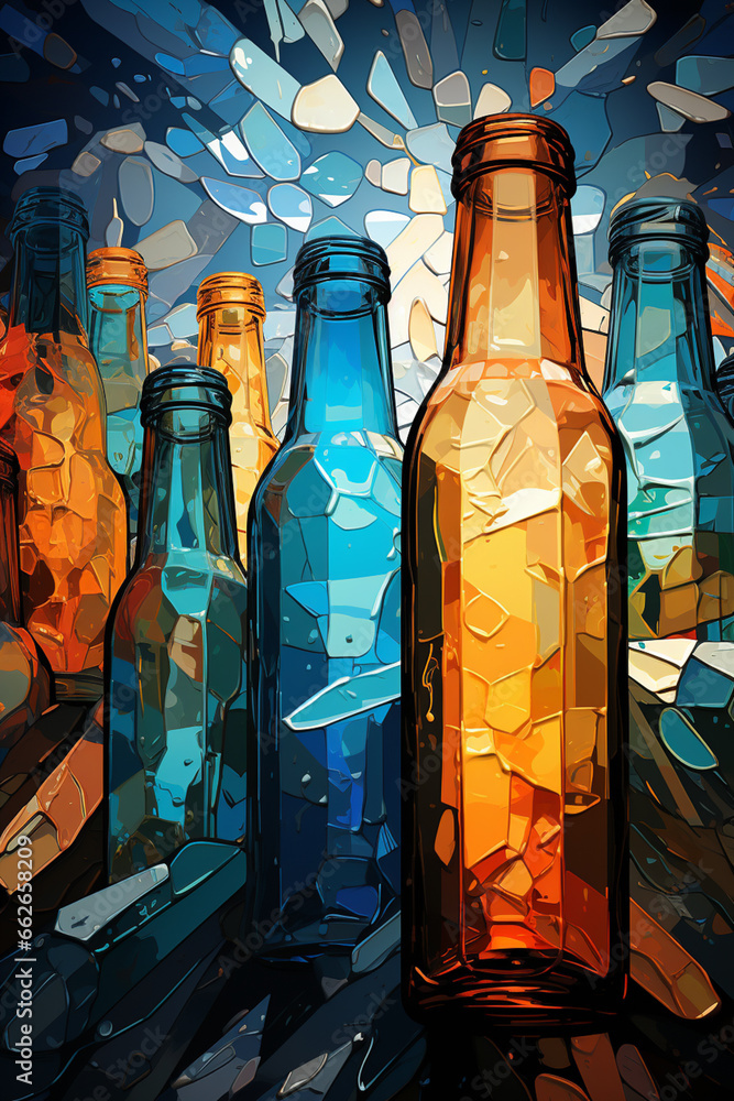 Poster a captivating digital artwork showcasing an abstract representation of beer bottles and glasses in a