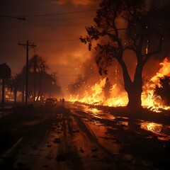 A devastating wildfire engulfs a suburban neighborhood under the cover of darkness, leaving destruction and chaos in its wake, as emergency responders battle the flames to protect lives and property.