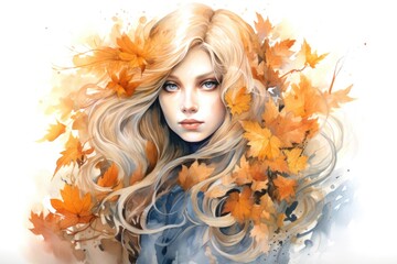 Watercolor autumn girl with long hair and leaves on white background