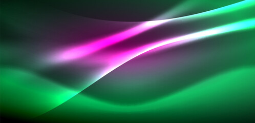 Dynamic waves in ethereal glow of neon lights. Concept merges fluidity of motion with vibrant allure of neon, crafting entrancing backdrop that embodies both vitality and futuristic sophistication