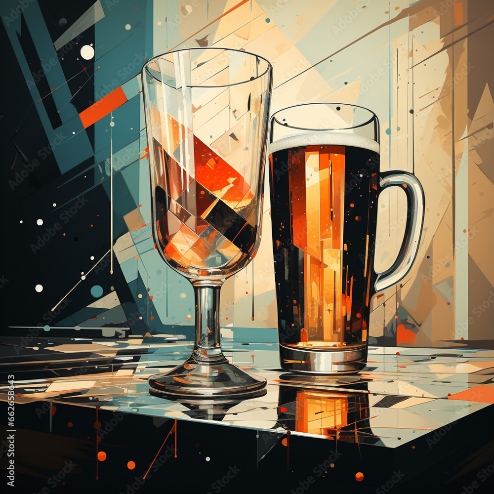Poster an artistic representation of a beer cup in an abstract geometric style, highlighting the interplay 