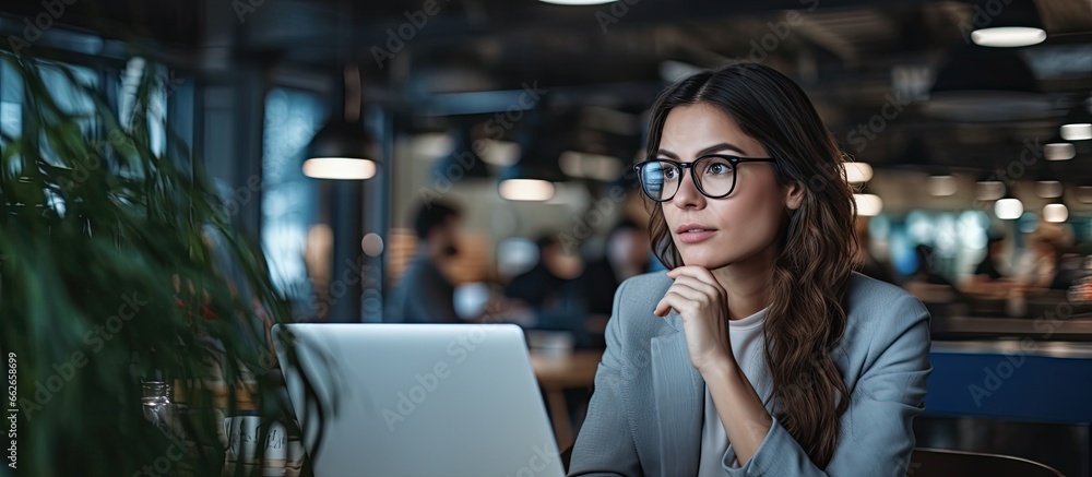 Poster focused female ceo engineer designer talks about issue with operating system in a modern indoor work