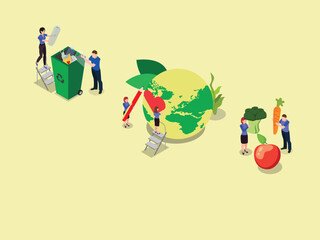 Fototapeta premium World environment day with people are taking care of the earth by gardening and cleaning isometric 3d vector illustration concept for banner, website, illustration, landing page, flyer, etc
