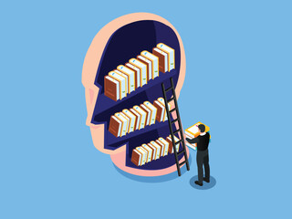 Books library in head shape. Businessman standing on the stairs and reaching for the book 3d vector illustration concept for banner, website, illustration, landing page, flyer, etc
