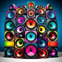 A vibrant stack of music speakers represents the heart of audio technology, promising an immersive and high-quality musical experience. Whether for concerts, events, or personal enjoyment, these speak