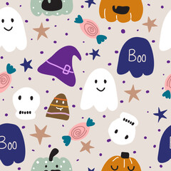 Seamless Halloween pattern with pumpkin ghosts, skulls, ghosts, candies, chocolates, stars, boo letters and dots on a light brown background.