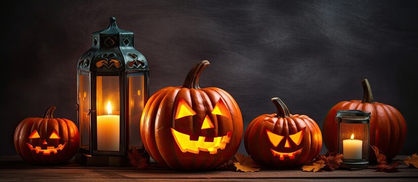 Lit candles illuminate Halloween pumpkin lantern With copyspace for text
