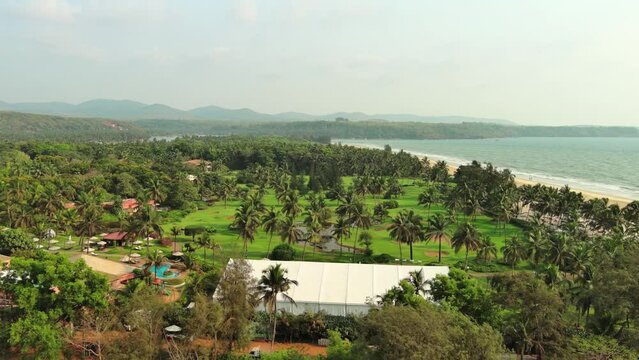 Goa, India: Aerial view of famous Indian summer resort by Arabian Sea, southern part of region with beaches Mobor, Betul and Cavelossim beach - landscape panorama of South Asia from above