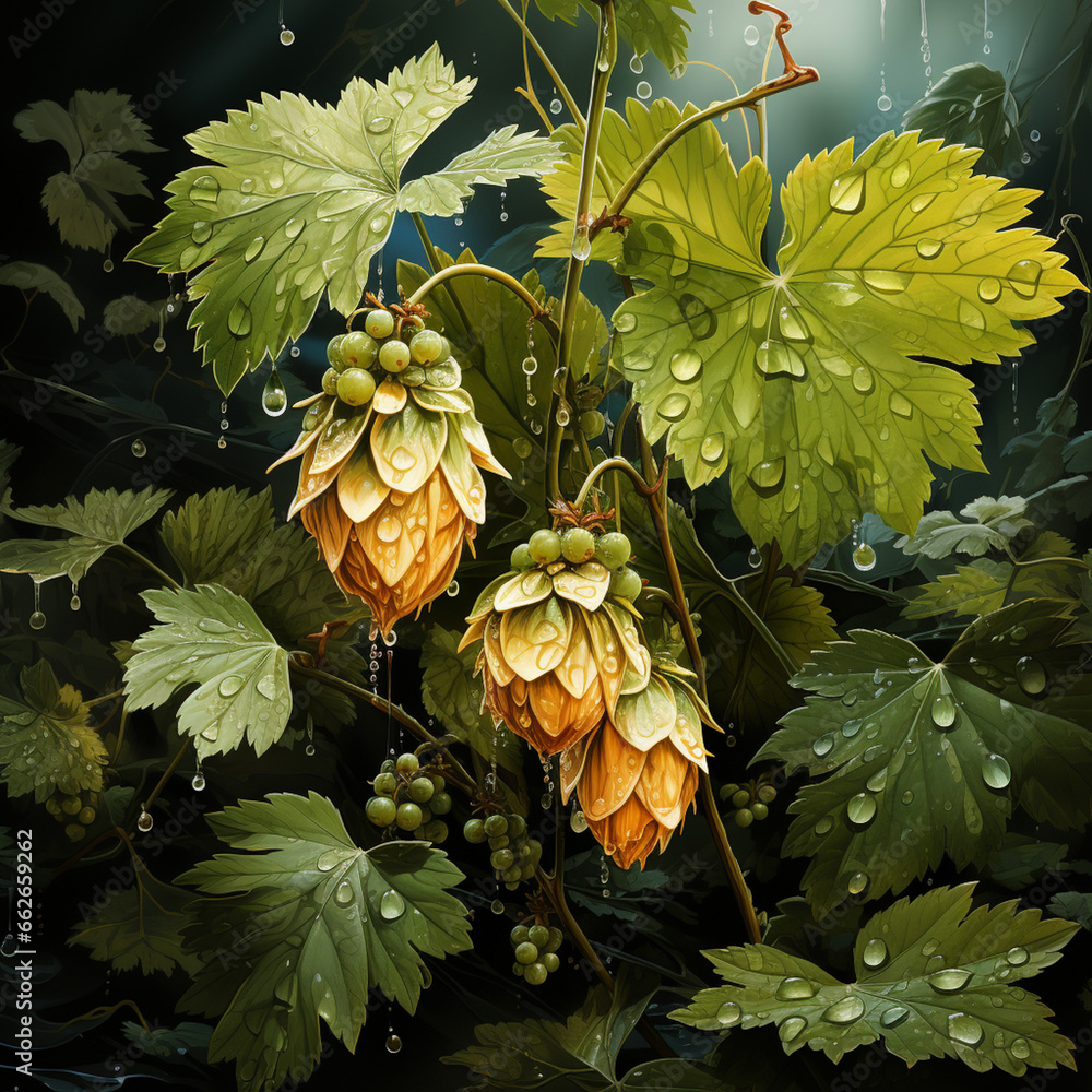 Poster a digital illustration featuring an abstract interpretation of beer hops using geometric shapes and 