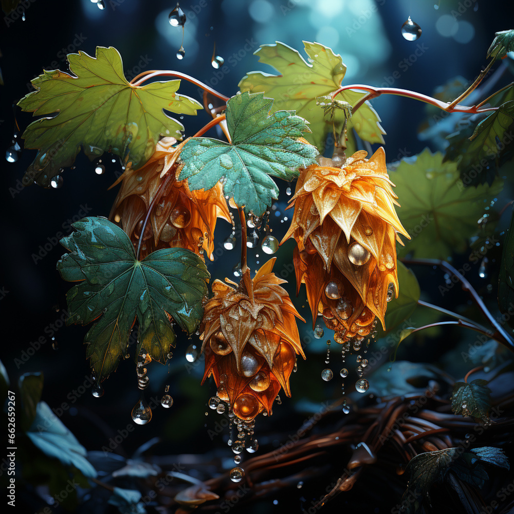 Poster a digital illustration featuring an abstract interpretation of beer hops using geometric shapes and 