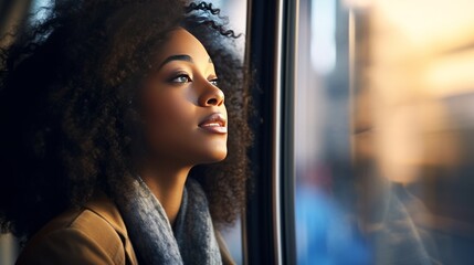 A woman gazing out of a train window
