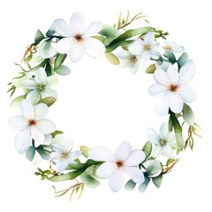 Circle frame of watercolor flowers and leaves on white background.