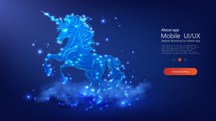 Digital Unicorn in Blue Neon Lights: UI,UX Design Concept for Mobile App. Modern lowpoly style. Vector illustration © ZinetroN