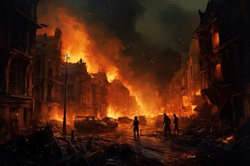 a city near flames and soldiers