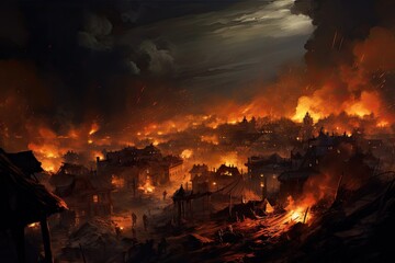 a city near flames and soldiers