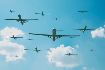 Aerial Fleet of Unmanned Aerial Vehicles Soaring in the Sky.