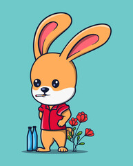 vector illustration of a smoking rabbit with plants around it. animal activity icon concept