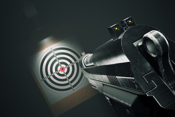 Gun aiming towards shooting target. Pistol focuses aim on the target paper.