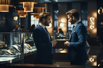 In a high-end watch store, a sales associate attentively assists a customer browsing through the luxurious watch collection - obrazy, fototapety, plakaty