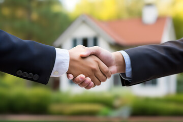 A close-up shows a real estate agent and a buyer shaking hands in front of a new home, signaling the completion of a sale