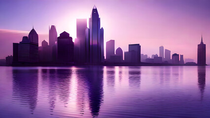 Obraz premium Skyline di fantastica città sulle rive dell’oceano. Una futuristica città si staglia all’orizzonte in controluce. Il sole, ormai al tramonto.