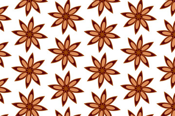 Star anise on white background seamless pattern. Aromatic spice brown backdrop. Holiday aroma. Natural scent elements.