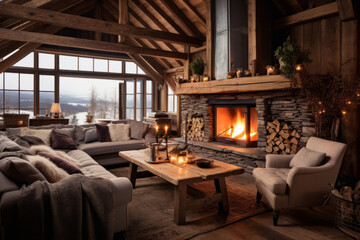 A cabin living room in the Swedish countryside, with rugged wooden beams, a roaring fireplace. Textured cushions and sheepskin throws add a touch of luxury to the rustic ambiance