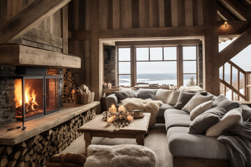 A cabin living room in the Swedish countryside, with rugged wooden beams, a roaring fireplace. Textured cushions and sheepskin throws add a touch of luxury to the rustic ambiance