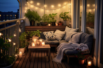 A small balcony transformed into a peaceful haven, featuring foldable furniture, fairy lights, and an array of potted plants. Perfect for enjoying long summer nights or sipping morning coffee - obrazy, fototapety, plakaty