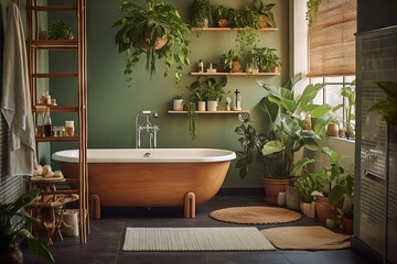 Bathroom, featuring water-saving fixtures, recycled glass tiles, and a wooden bath mat. Plants dangle from macramé hangers, adding a hint of lushness