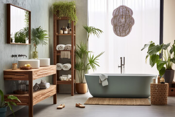 Bathroom, featuring water-saving fixtures, recycled glass tiles, and a wooden bath mat. Plants dangle from macramé hangers, adding a hint of lushness