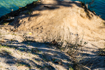 Sandy beach, white sand. Blue water, lake. Sunny day. Autumn.
