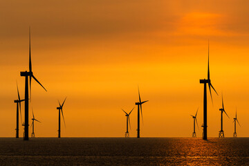 Sunset view of the Offshore wind power systems off the western coast of Taiwan.