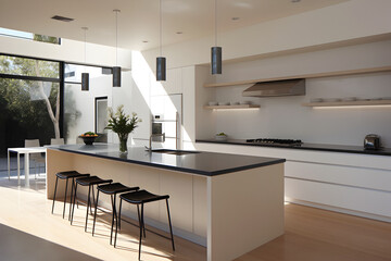 A minimalist kitchen with white cabinets, black countertops, and a central island. Stainless steel...