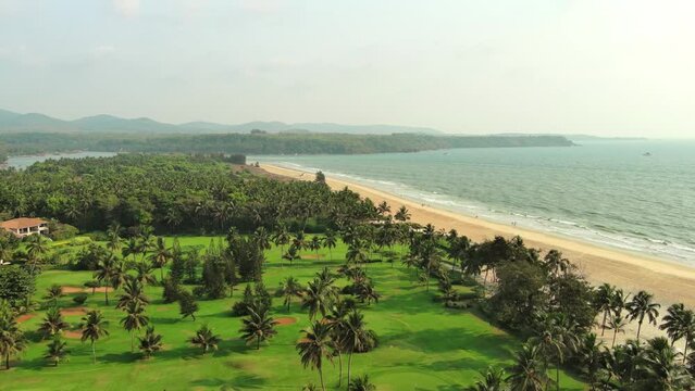 Goa, India: Aerial view of famous Indian summer resort by Arabian Sea, southern part of region with beaches Mobor, Betul and Cavelossim beach - landscape panorama of South Asia from above