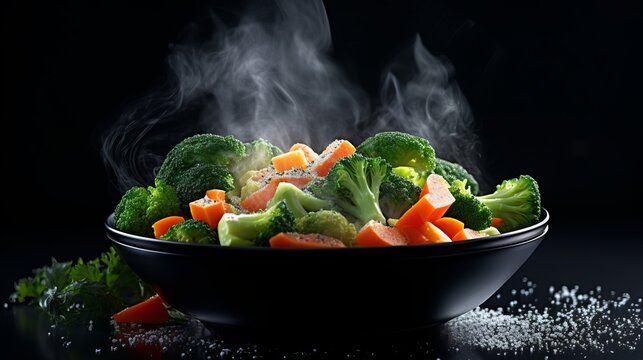 A steamy bowl of fresh vegetables: broccoli and carrots