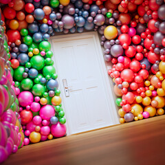 Colorful balloons on the walls with white closed doors and a welcome doormat.
