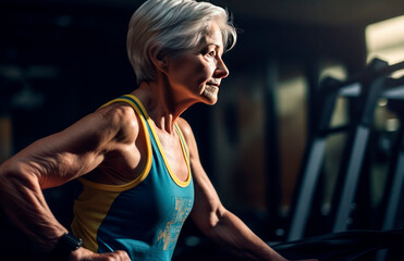 An elderly woman goes in for sports in the gym.