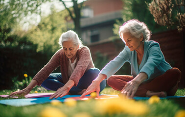 Two elderly women does yoga outdoors.