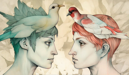 Two guys facing each other with birds on their heads.