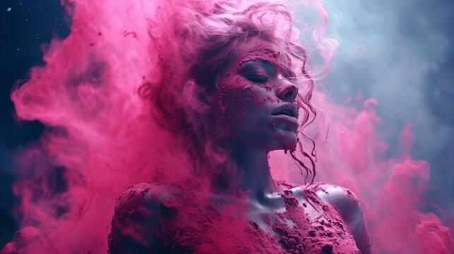 Beautiful woman covered in purple dust