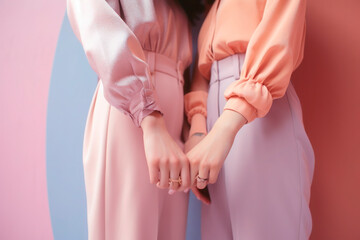 Two girls hold hands.