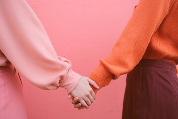 Two girls hold hands.