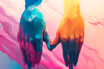 hands of two people together in different colors. Support each other.