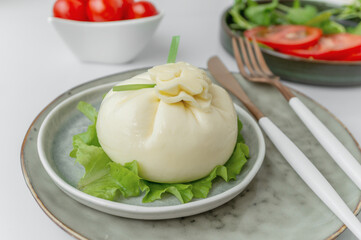 Italian cheese burrata is served on a round plate with basil and tomatoes with a fork and knife on the background of an old tree