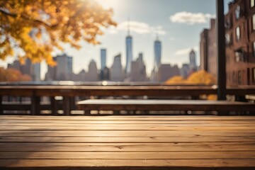 Empty wooden table top with manhattan view form Brooklyn in background with bokeh autumn sunlight. Geneartive Ai. - obrazy, fototapety, plakaty